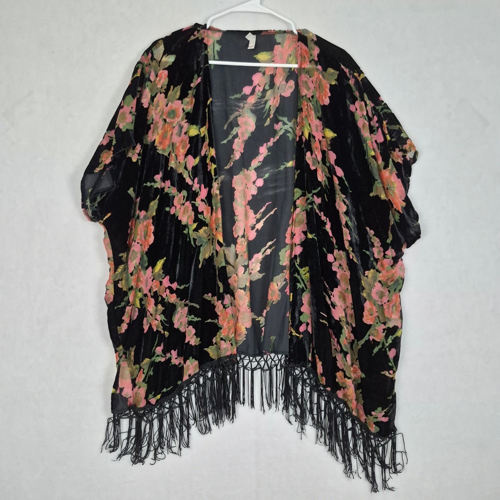 Black Floral Velvet Burnout Kimono Fringe Wrap XL/XXL Whimsigoth Dark Fairy Grng